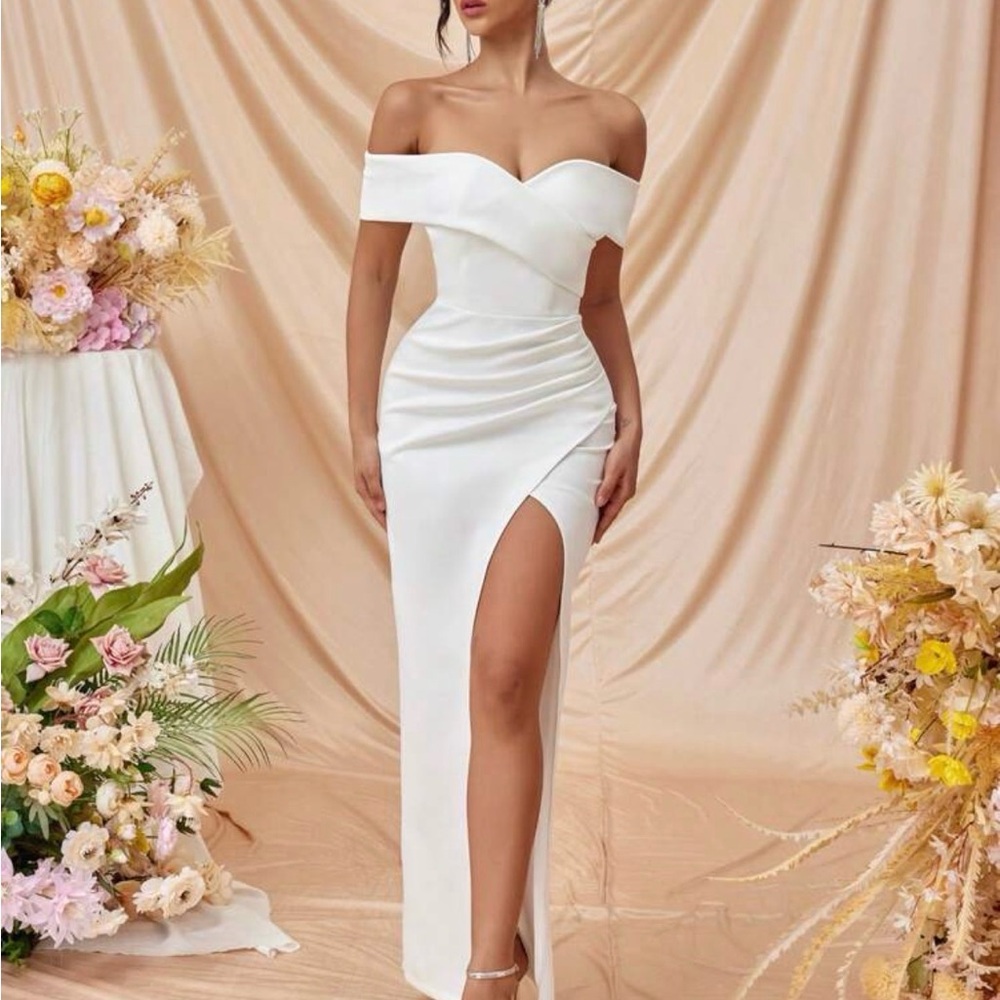 SHEIN White One-Shoulder Satin-Look High Slit Gown